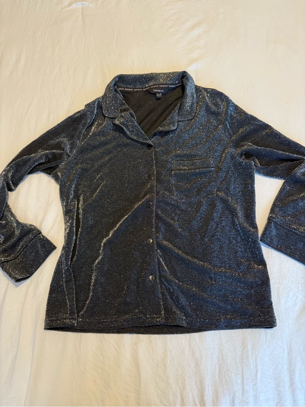 Tamara H. black shimmer button-down shirt and pants PJ